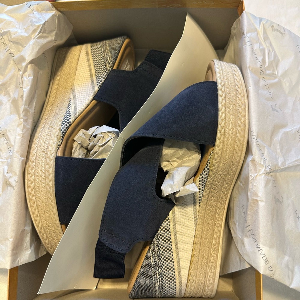 Bella Vita Navy and Cream Espadrille Wedges